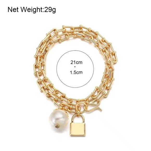 Graduated Link Elegant Gold Chain Lock Pearl Charm - Picture 6 of 14